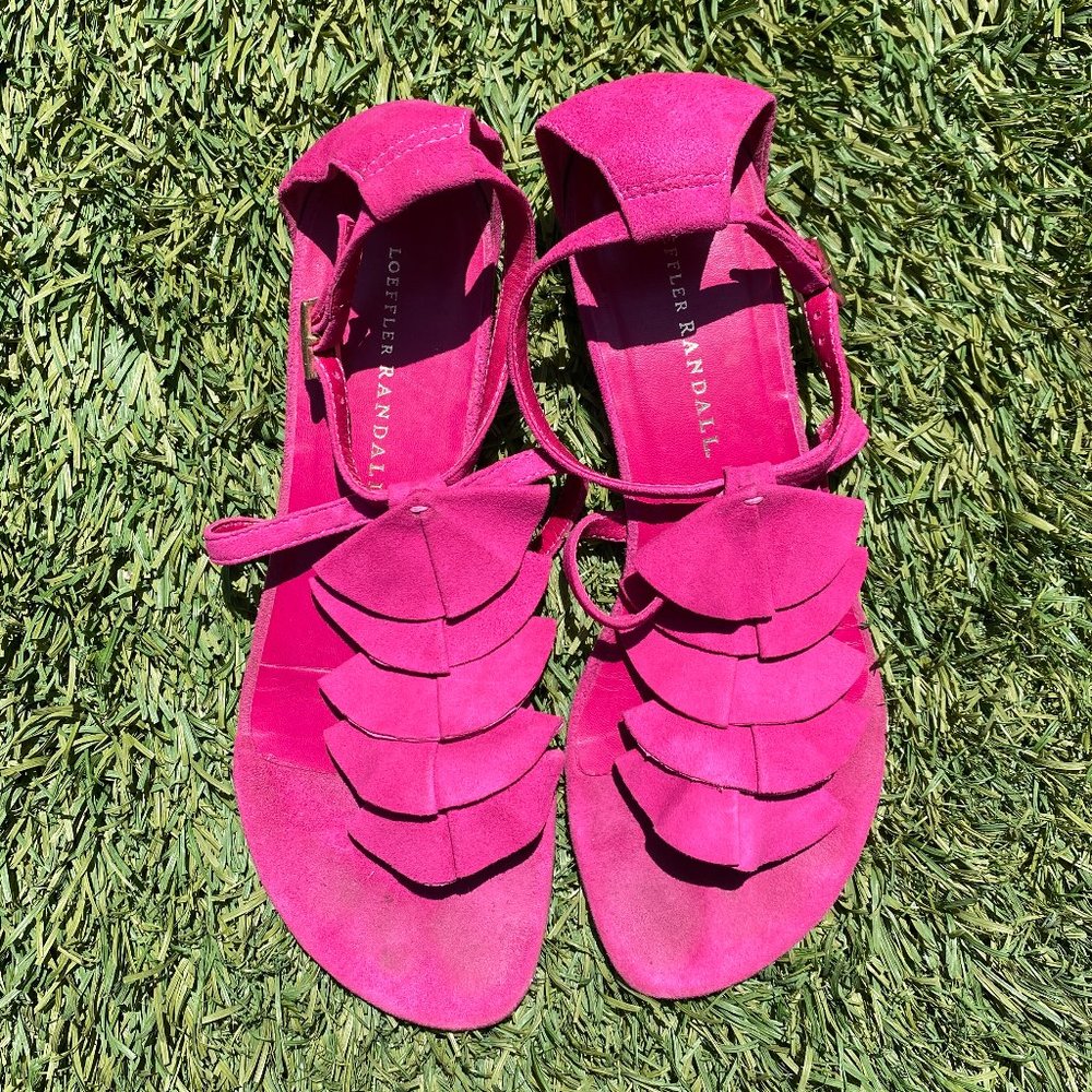 Hot Pink Ruffle Flat Suede Sandals